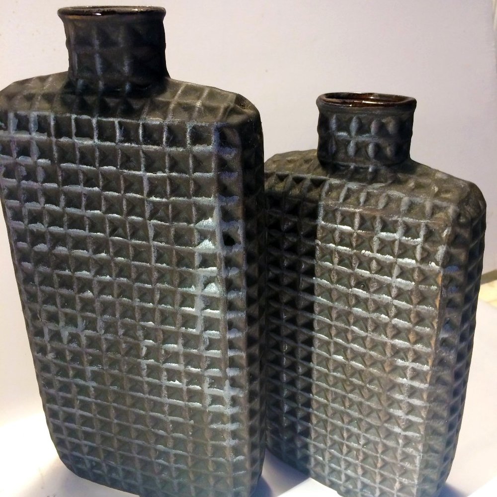 Matching set Pottery Vases Textured Clay over Glass Elements